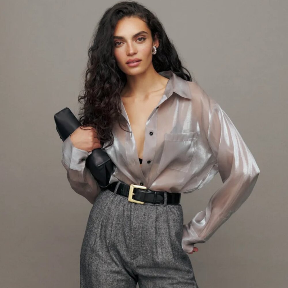 NEW Reformation Will Oversized Sheer Silver Metallic Shirt SM